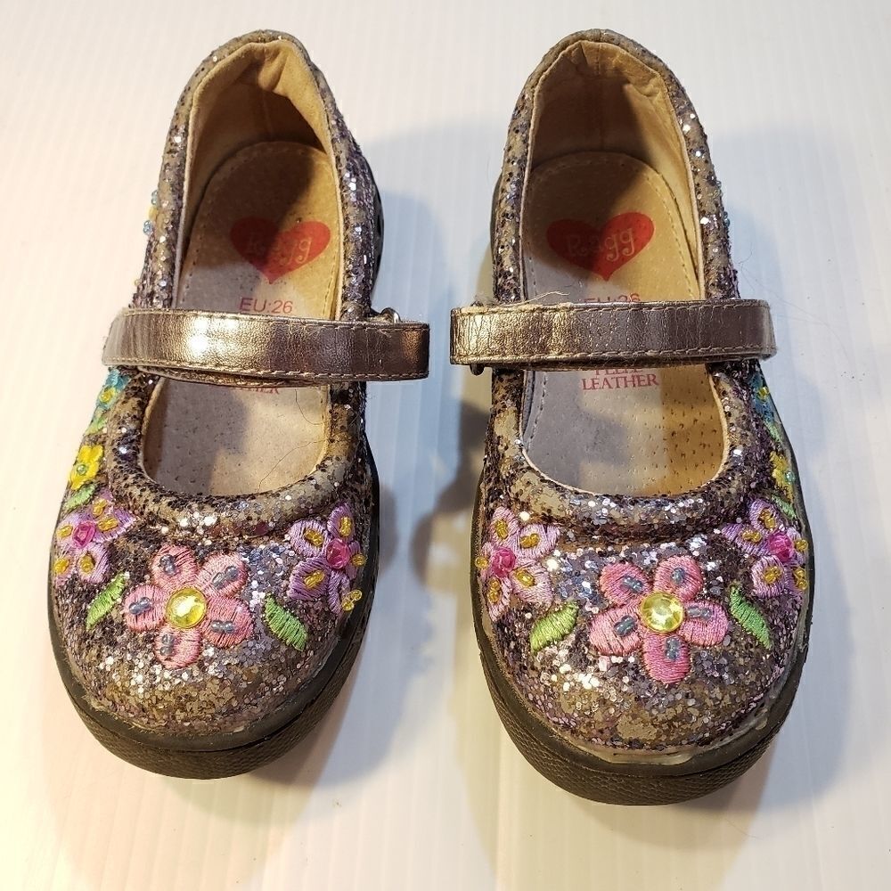Ragg Glitter Mary Janes Flowers Girls Toddler 9.5